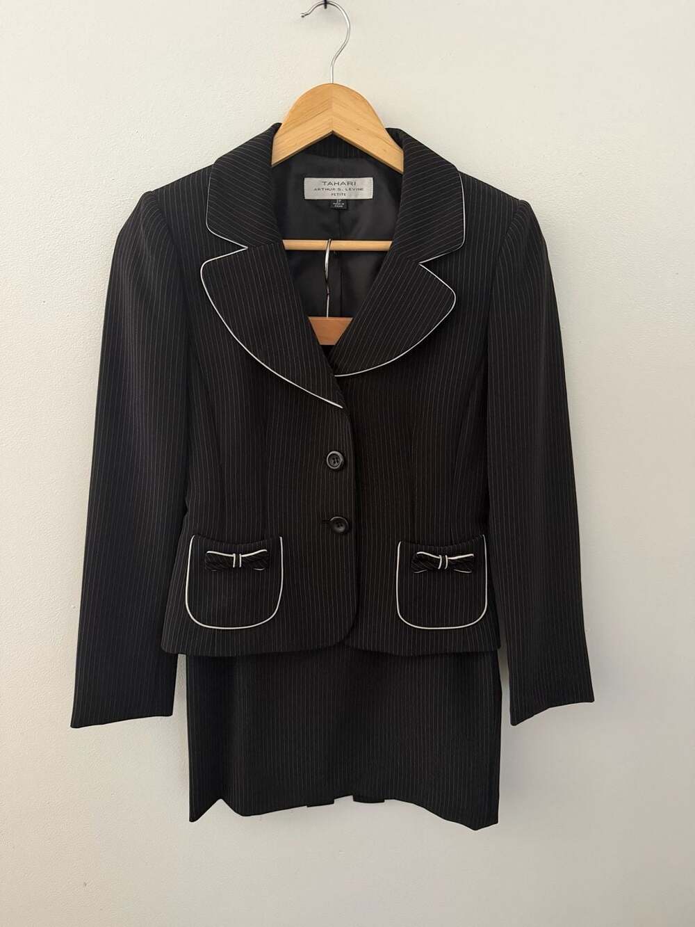Tahari Arthur S. Levine Petite Black Pinstripe Skirt Suit with Bow Pocket Detail